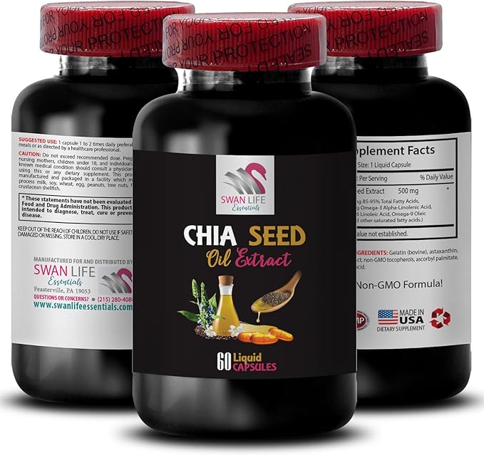 Organic chia - CHIA Seed Oil Extract - Facial Oil Hydrating serum Deep Hydration Hair Shine Pure Extract Natural Care Versatile Oil Silky Finish Natural Hydration Skin Glow 3 Bottle 180 Caps