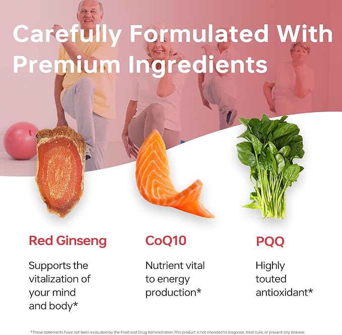 HUJ CoQ10 with Red Ginseng Formula - Heart Health &amp Energy Production Support with Coenzyme Q10 Red Ginseng Extract Vitamin E &amp PQQ - 60 Softgels