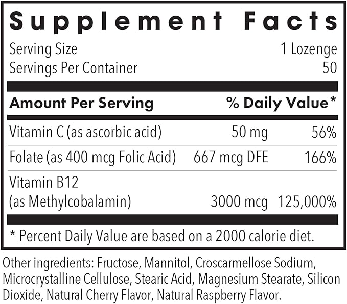 Allergy Research Group B12 Methylcobalamin Supplement - Vitamin B12 and Folate with 400mcg Folic Acid Pure Vegetarian Lozenges - 50 Count