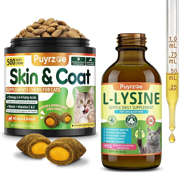 Puyrzoe Lysine for Cats Drops + Skin &amp Coat Chews Respiratory &amp Immune Support + Coat Shine &amp Skin Hydration – Liquid Lysine 60ml + 500 Fur Care Chews with Omega-3-6-9 Vitamins C &amp E
