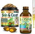 Puyrzoe Lysine for Cats Drops + Skin &amp Coat Chews Respiratory &amp Immune Support + Coat Shine &amp Skin Hydration – Liquid Lysine 60ml + 500 Fur Care Chews with Omega-3-6-9 Vitamins C &amp E