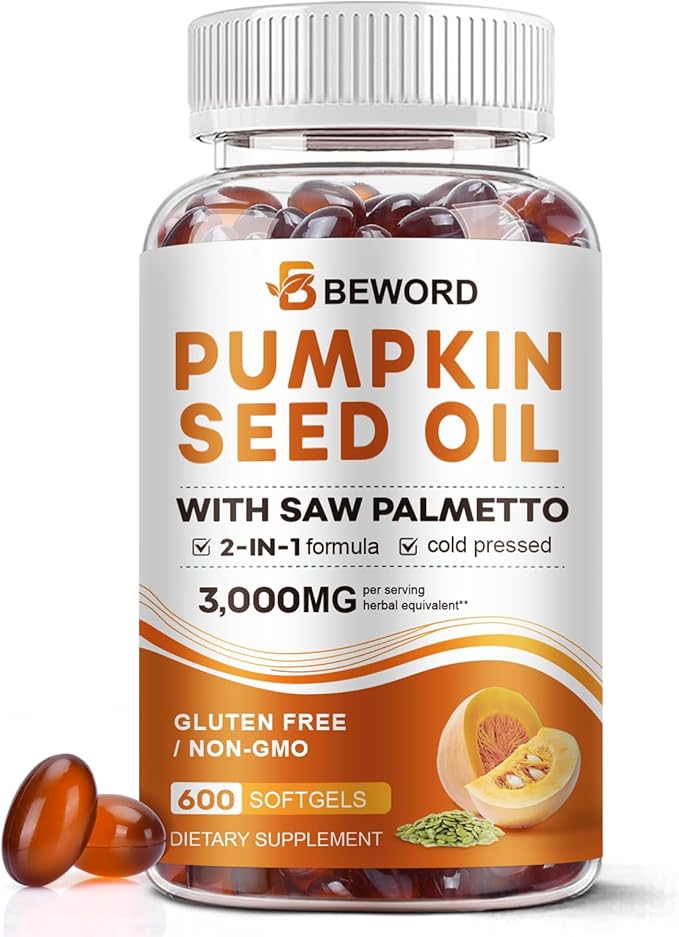 Pumpkin Seed Oil with Saw Palmetto Capsules 3000mg/serving 300/600 Softgels | Cold Pressed Pure Virgin Oil Essential Fatty Acids &amp Phytosterols | Supports Hair Urinary Bladder &amp Prostate