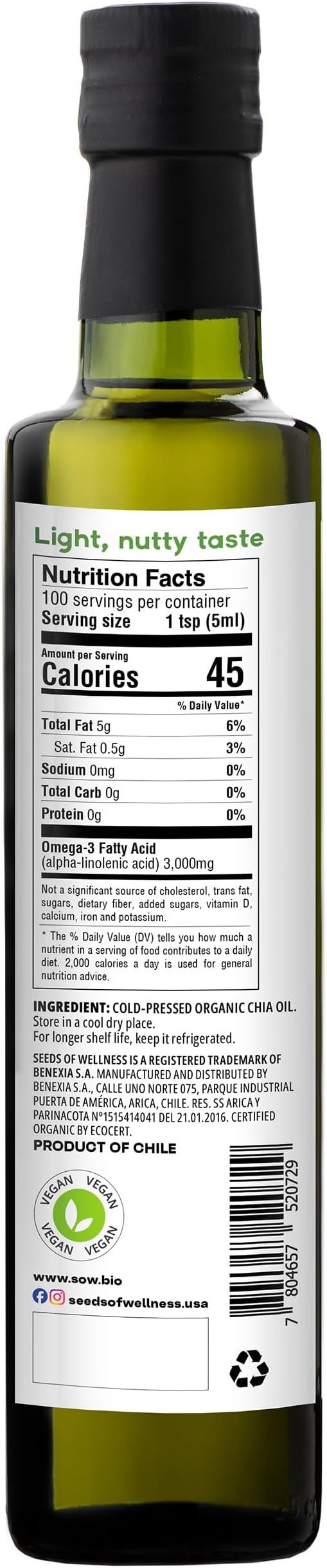 Seeds of Wellness - Organic Chia Seed Oil Essential Bio Nutrients Fatty Acids Omega-3 ALA Plant-Based Cold-Pressed Unrefined Non GMO 16.9 Fl Oz (500 ml) Glass Bottle Pack of 1 Chile