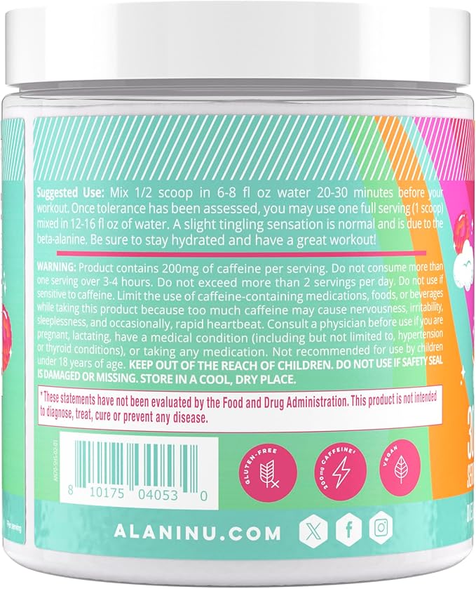 Alani Nu Pre Workout Powder Sherbet Swirl Amino Energy Boost Endurance Supplement Sugar Free 200mg Caffeine L-Theanine Beta-Alanine L-Citrulline 30 Servings