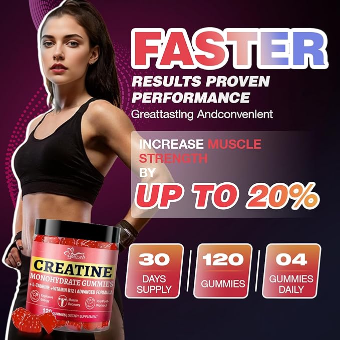 Creatine Gummies for Women &amp Men Low Sugar Creatine Supplements Help Build Muscle Creatine Monohydrate Gummies Raspberry Flavor Supports Muscle Growth and Enhances Strength 120 Count