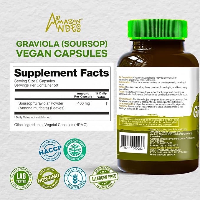Amazon Andes Organic Graviola Soursop Leaf Capsules 400mg - USDA Certified Annona Muricata from Peruvian Amazon Rainforest - 100 Vegetarian Caps - Guanabana Brazilian Paw Paw Non-GMO