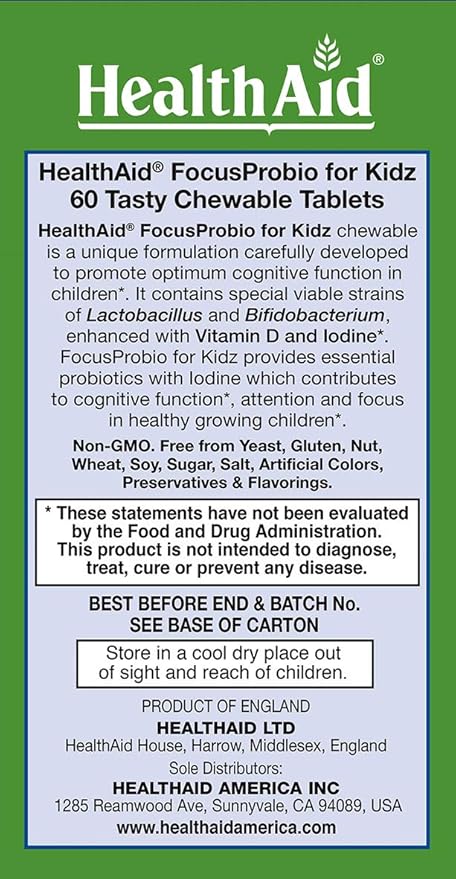 FocusProbio for Kidz 60 Chewable Tablets Supports Cognitive Function for Attention and Focus. Blackcurrant and Vanilla Flavor Contains Vitamin D &amp Iodine. Acid &amp Bile Resistant Strains. Veg