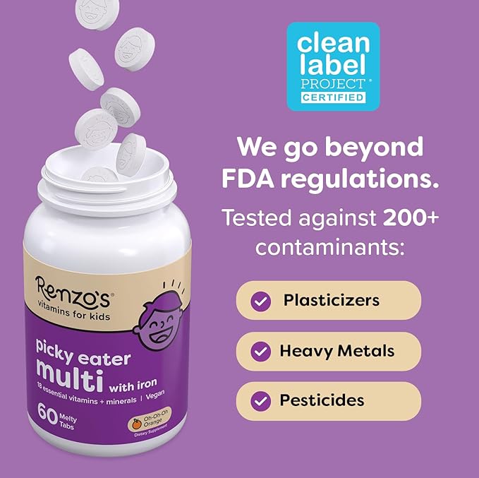Renzo's Picky Eater Kids Multivitamin with Iron - Dissolvable Kids Vitamins with Iron Zinc Vitamin C Vitamin D E &amp K Sugar-Free Melty Tabs Cherry Flavor 60-Count (1-2 Month Supply)