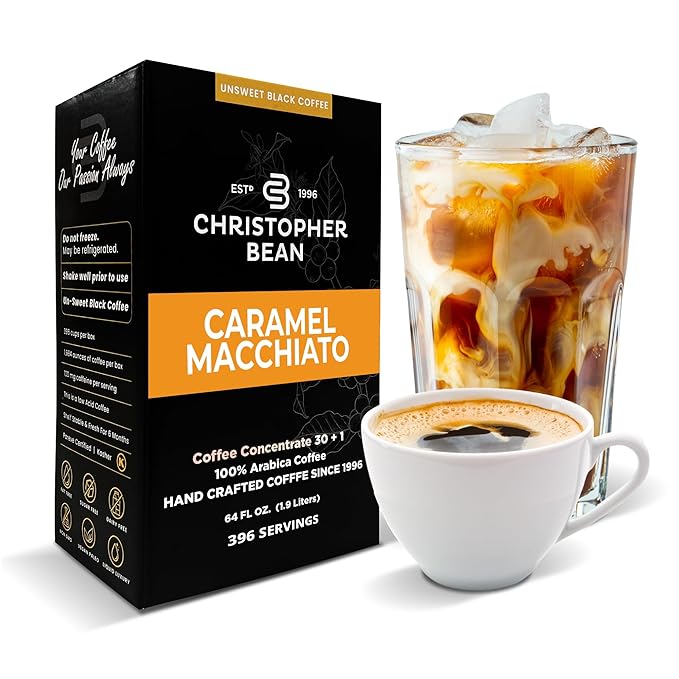 Christopher Bean Coffee - 396 servings 30 to 1 Blend Bag in Box Liquid Instant Coffee or Cold Brew Coffee Concentrate - Hot or Iced Coffee - Caramel Macchiato