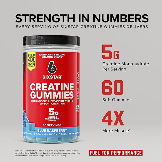 Six Star Sugar-Free Creatine Gummies for Men &amp Women - Pre &amp Post Workout Creatine Monohydrate Gummy for Muscle Building &amp Strength Lean Muscle Gains &amp Recovery - Blue Raspberry 30 S