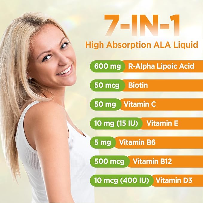 Liposomal Liquid Alpha Lipoic Acid drops 600 MG R-Alpha Lipoic Acid Supplement with Biotin &amp Multivitamins ALA for Antioxidant Brain Health and Nerve Support Pineapple Flavor Sugar Free 2 FL