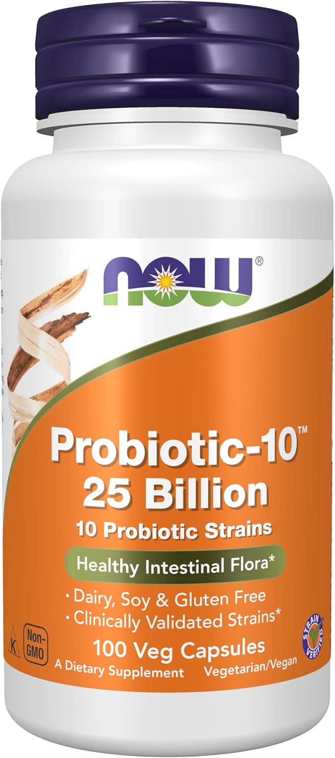 NOW Foods Supplements Probiotic-10™ 25 Billion with 10 Probiotic Strains Dairy Soy and Gluten Free Strain Verified 100 Veg Capsules