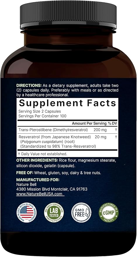 NatureBell Pterostilbene 200 mg Per Serving with Trans-Resveratrol – 200 Capsules – 2-in-1 Antioxidant Polyphenol Formula* – Non-GMO