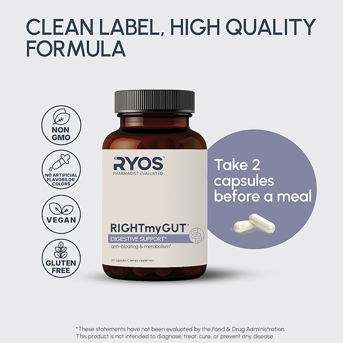 Digestive Enzymes for Bloating &amp Gas – Supports Food Breakdown &amp Nutrient Absorption – 6 Enzymes + 3 Probiotics – Complete GI Health Supplement - RIGHTmyGUT Daily Digestive Support – 60 Vegan