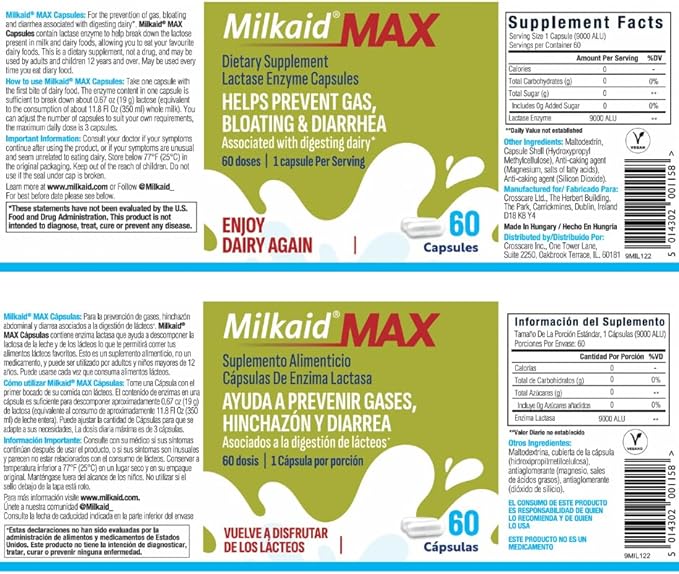 Milkaid Chewable Tablets &amp Max Capsules Bundle | Lactase Enzyme for Lactose Intolerance | Fast Acting Dairy Digestive Supplement | 120 Chewable Tablets &amp 60 Capsules