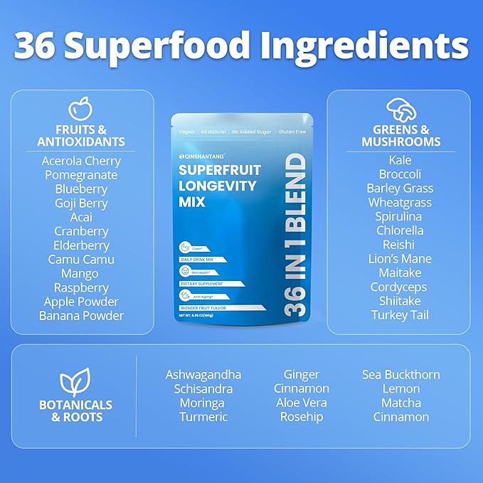 Superfruit Longevity Mix 36 in 1 Magnesium Glycinate Mushrooms Nicotinamide Riboside – Calm Skin &amp Anti-Aging Support | Probiotics 15 Fruits | No Sugar Added Vegan Gluten Free 30 servings