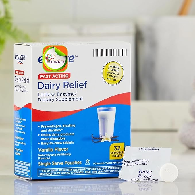Equate Fast Acting Dairy Relief Lactase Enzyme Dietary Supplement Vanilla Flavor chewables Tablets 32 Count (Pack of 1) + CreativeAndBundle Sticker