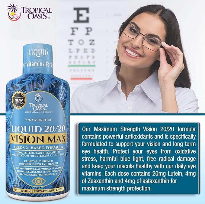 Liquid 20/20 Vision - Eye Vitamin Formula w/20mg Lutein 4mg Zeaxanthin 4mg Astaxanthin for Vision Support –Max Absorption- Great Taste &amp No Pills to Swallow– 32 Serv 32oz