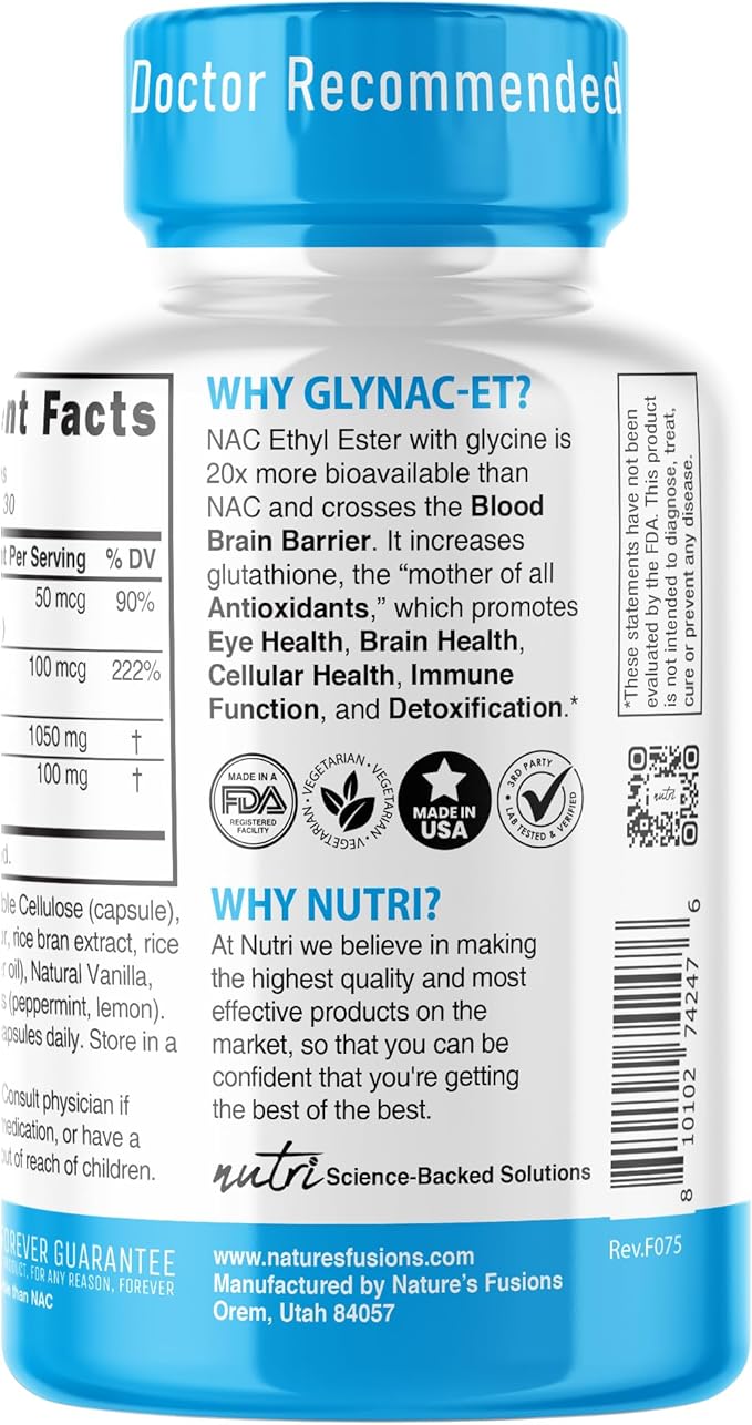 GlyNAC-ET NAC Supplement N-Acetyl Cysteine Ethyl Ester - 20x More Bioavailable - Glycine &amp N-Acetylcysteine Ethyl Ester Anti Aging Supplement Boost Glutathione 60 Capsules - Nutri - 3rd Party Te