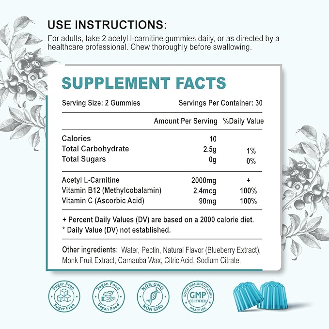 2 Pack Sugar Free Acetyl L-Carnitine Gummies L-Carnitine Supplement for Women &amp Men with Vitamin C &amp B12 ALCAR for Energy Brain &amp Heart Health Support Vegan Non-GMO 120 Count