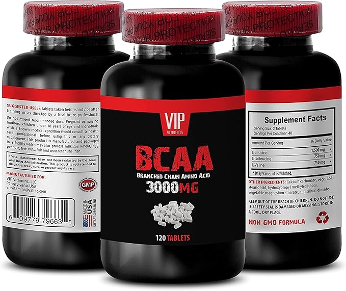 VIP Supplements Workout Pills for Men and Women - BCAA 3000 MG - BRANCHED Chain Amino Acid - leucine isoleucine and valine 1 Bottle (120 Tablets)