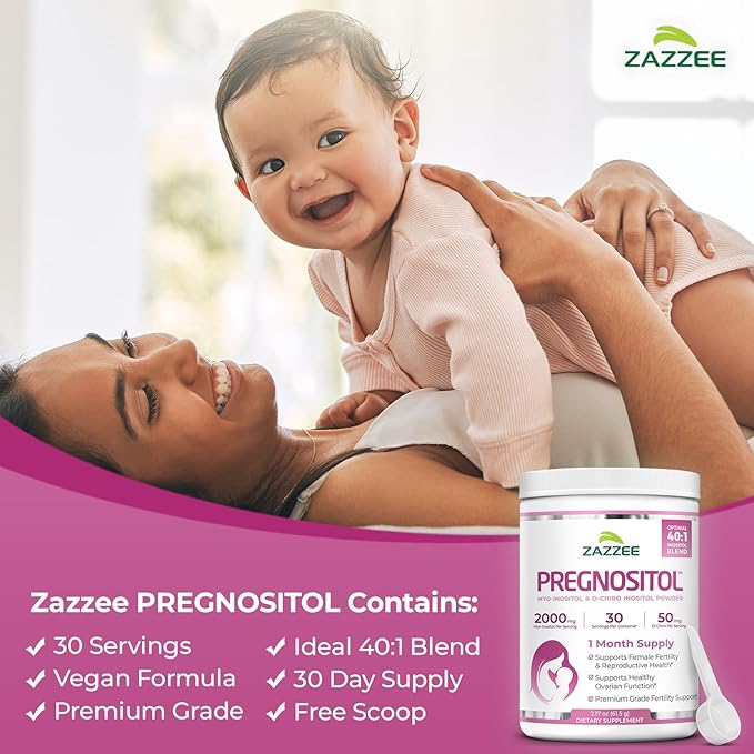 Zazzee PREGNOSITOL Powder 30 Day Supply Myo-Inositol and D-Chiro-Inositol 40:1 Fertility Blend Free Scoop for Exact Dosage Premium Balanced Formula 30 Servings Vegan All-Natural and Non-GMO