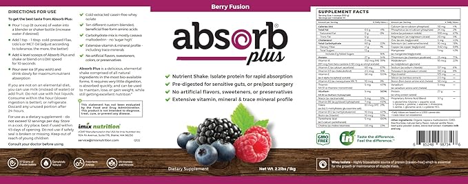 Isolate Protein - Diet Supplement for Improved Gut Health Extra Nutritional Support Non-GMO Gluten-Free Lactose-Free Casein-Free (2.2 Lbs Berry Fusion)