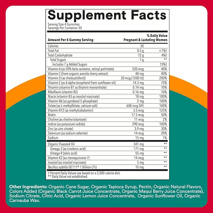 SmartyPants Organic Prenatal Vitamins for Women Multivitamin: Probiotics Biotin Methylfolate Omega3(ALA) VitaminD3C VitaminB12 B6 A K2 &amp ZincCholine (30 Day Supply) 120 Count (Pack of