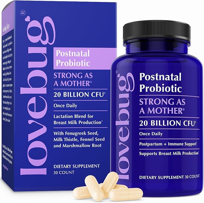 Lovebug Postnatal Probiotics - 20 Billion CFUs Multi Strain for Breastfeeding -with Fenugreek Milk Thistle &amp FennelSupports Breast Milk &amp Gut Health Postpartum Essentials 30 Capsules