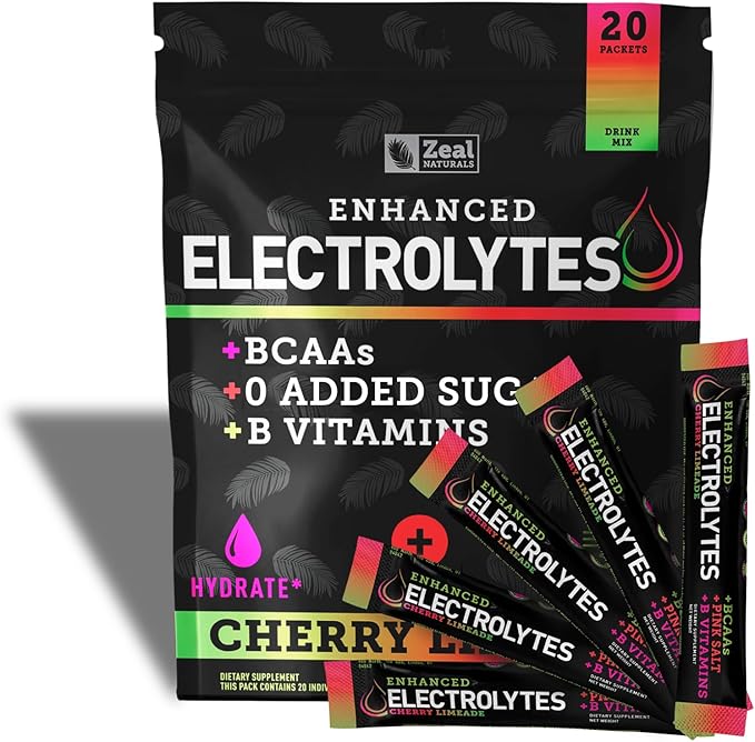 Enhanced Electrolyte Powder Stick Packs (Cherry Limeade | 20 Packets) w/ 0 Sugar +BCAAs +B-Vitamins Electrolyte Supplement w Potassium Zinc &amp Magnesium for Hydration - Keto Electrolytes