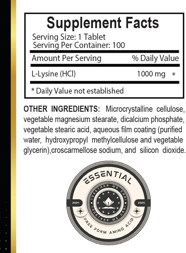 L-LYSINE 1000 mg Free Form Amino Acid Essential - Immune Support Supplement Promotes Calcium Absorption Supplements for Performance Muscle Growth &amp Recovery - 2 Bottles 200 Counts