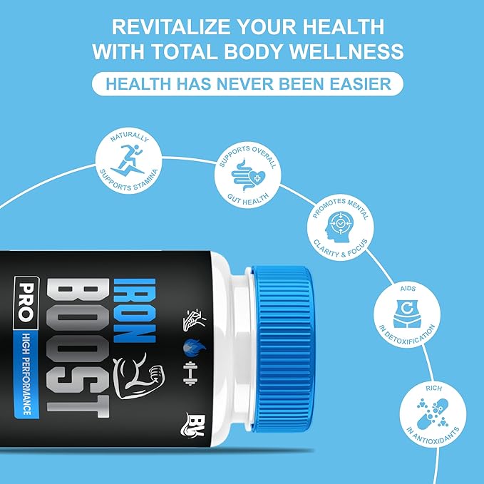 Iron Boost Pro Premium Performance Capsules Iron Boost Advanced Health Supplement Pills Iron Boost Premium Daily Health Support and Overall Wellness Formula by Blue Vibe (3 Pack - 180 Capsules)