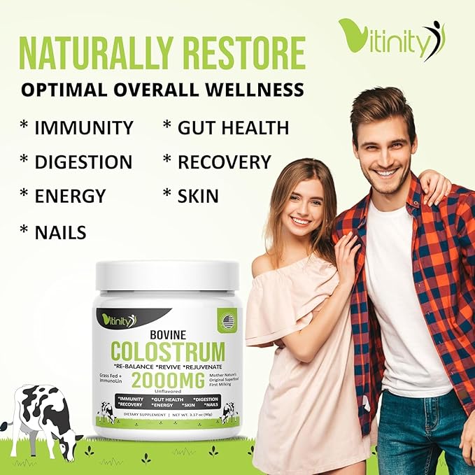 VITINITY Grass Fed Bovine Colostrum Powder for Humans - Natural IgG Colostrum Supplement for Gut Health Immune Support Muscle Recovery &amp Wellness | Pure Colostrum Superfood Unflavored (90 Grams
