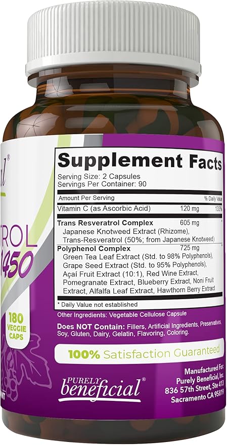 PURELY beneficial RESVERATROL1450-90day Supply 1450mg per Serving of Potent Antioxidants &amp Trans-Resveratrol Promotes Anti-Aging Cardiovascular Support Maximum Benefits(1bottle)