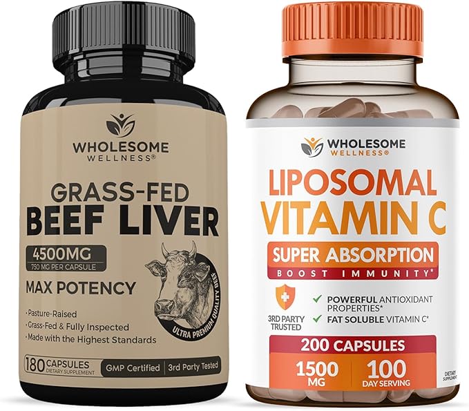 Grass Fed Desiccated Beef Liver Capsules (180 Pills 750mg Each) + Liposomal Vitamin C Capsules (200 Pills 1500mg Buffered) High Absorption VIT C Bundle