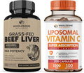 Grass Fed Desiccated Beef Liver Capsules (180 Pills 750mg Each) + Liposomal Vitamin C Capsules (200 Pills 1500mg Buffered) High Absorption VIT C Bundle