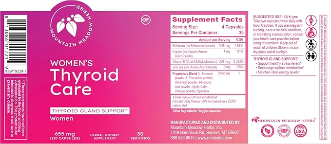 Mountain Meadow Herbs Women's Thyroid Care - Natural Herbal Supplement for Thyroid Function Hormone Balance &amp Wellness 120ct