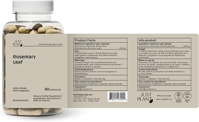 Rosemary Leaf Extract 500mg 90 Vegan Capsules Herbal Supplement for Mind Body &amp Hair Wellness Gluten-Free Plant-Based