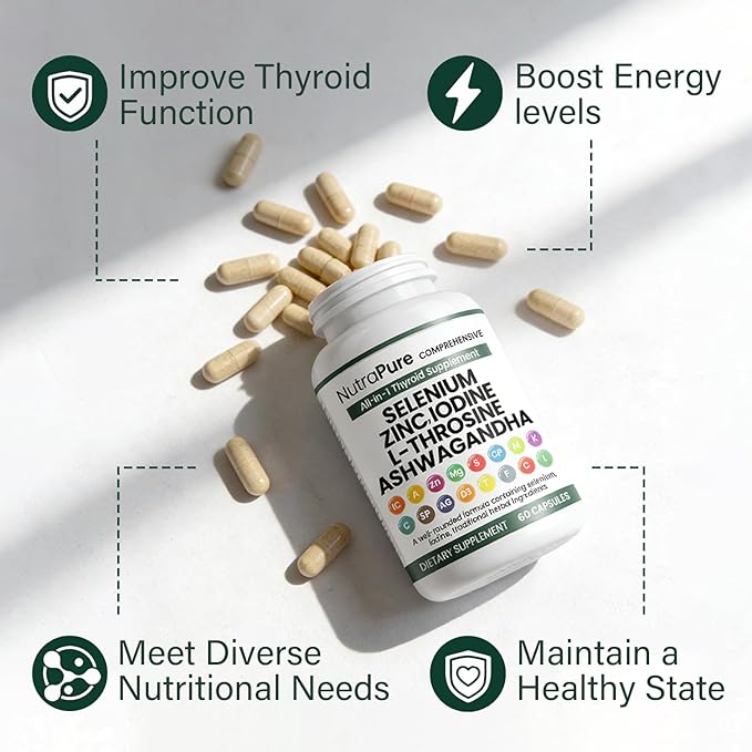 Thyroid Support - Thyroid Support for Women &amp Men | Selenium Iodine L Tyrosine Ashwagandha Bladderwrack Turmeric Kelp Schisandra Zinc - 60 Capsules (2 Bottles)