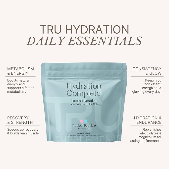 TRU Supplements Hydration Complete BCAA Plant Based Amino Acids + Pink Himalayan Salt Electrolytes &amp L-Carnitine Vegan Zero Calories No Artificial sweeteners 24 Servings Tropical Popsicle