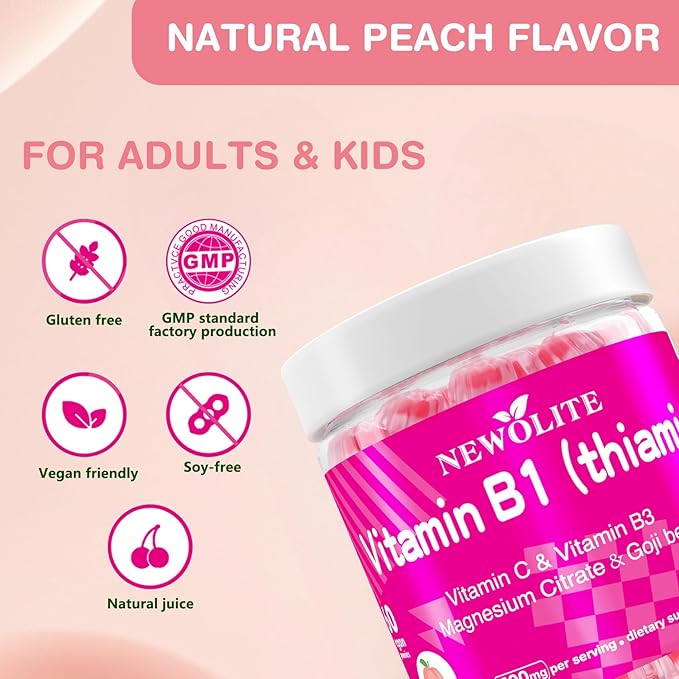 Vitamin B1 Gummies Chewable Thiamine 500mg &amp Vitamin B3 &amp Vitamin CSugar Free - Non GMOVeganNatural Peach Flavor - Thiamine B1 Supplement for Adults &amp Kids