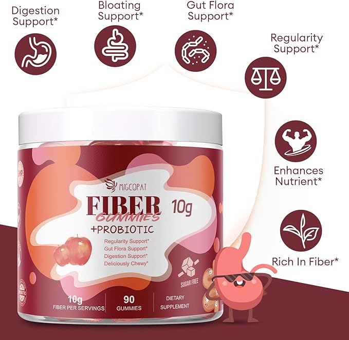 Fiber Gummies with Probiotics10G Fiber per Serving No Sugar Added Apple Flavor with 10 Billion CFU Probiotics Blend Apple Cider Vinegar Vitamin C Inulin Bloating Support 90 Count