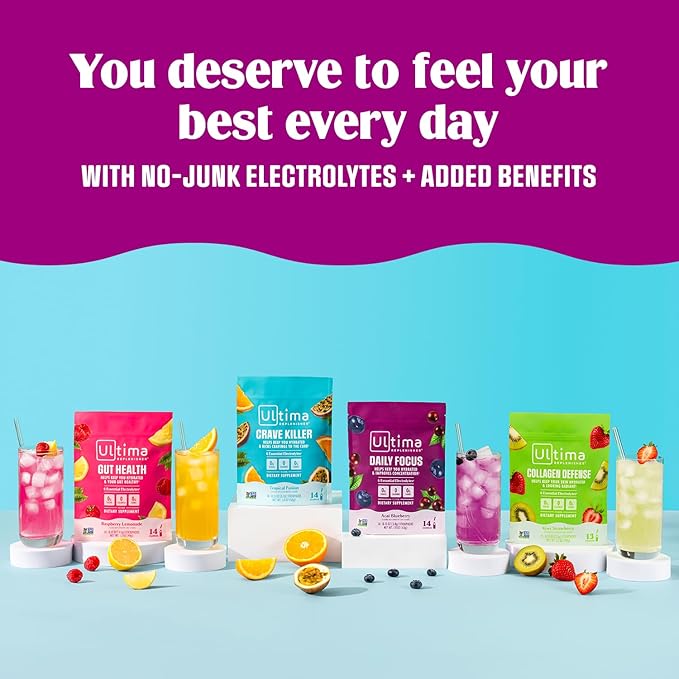 Ultima Replenisher Daily Focus Supplement &amp Electrolytes Powder - Acai Blueberry 14 Stickpacks - Hydration Packets 60mg Caffeine from Green Tea Extract &amp L-Theanine to Improve Focus &amp Co