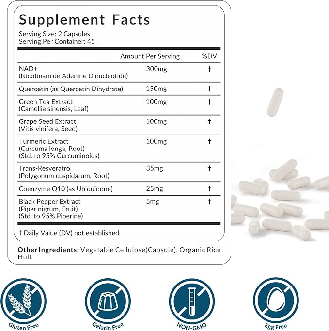 NAD+ Resveratrol Supplement with COQ10 Quercetin Turmeric NAD+ Supplement for Men and Women - Energy Focus &amp Anti-Aging Support - Gluten Free Non-GMO