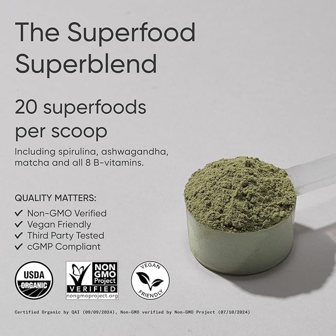 Sports Research® Organic Greens Superfood Powder w/Spirulina &amp Chlorella Adaptogens Enzymes Probiotics &amp 8 VIT Bs &amp Creatine Monohydrate &amp Collagen Peptides for Women &amp Men Unf