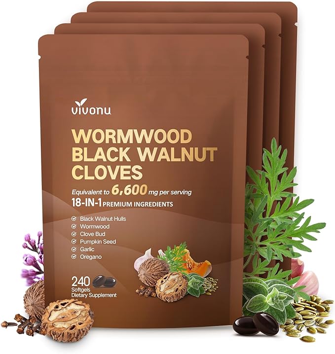 VivoNu Black Walnut Wormwood Clove Capsules Cleanse Detox Intestinal Guard Supplement for Humans 18-in-1 Herbal Blend with Pumpkin Seed Garlic Berberine Cinnamon &amp More 4 Bag