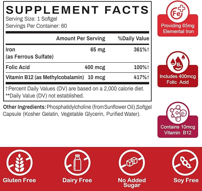 Liposomal Fe Iron Supplement for Women 65 mg Iron Supplement with Folic Acid &amp Vitamin B12 for Men Daily Blood &amp Energy Support for Adults Iron Deficiency 60 Softgels (1 Bottle)