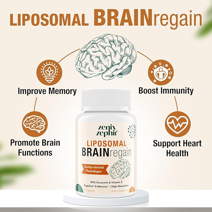 Liposomal Brain Supplements for Memory and Focus - Plasmalogen with Curcumin &amp Vitamin E for Better Absorption- Suitable for SeniorsAdult Men &amp Women Cognitive HealthHigh Potency 60 Servings