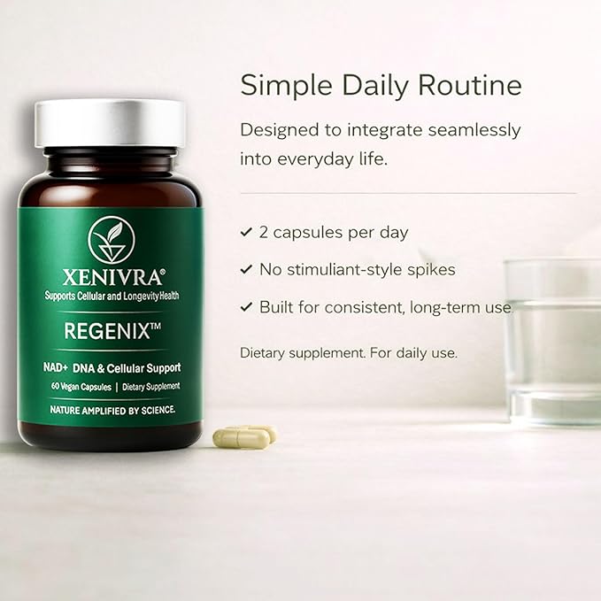 Xenivra Regenix™ NAD+ Supplement | NAD Booster with Nicotinamide Riboside (NR) | Cellular Energy &amp Healthy Aging | Resveratrol &amp CoQ10 | 60 Vegan Capsules