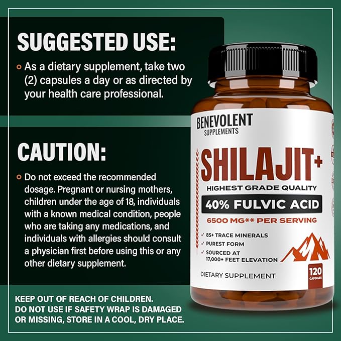 6500mg Shilajit for Men with 40% Fulvic Acid (High Absorption) | Shilajit Mineral Supplement with 85+ Trace Minerals for Energy Performance &amp Immune Health - 120 Capsules
